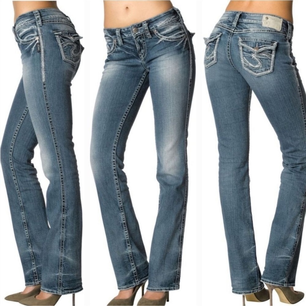 Silver Suki Flap 17" Thick Shimmer Stitch Light Wash Jeans Size 25 x 32
